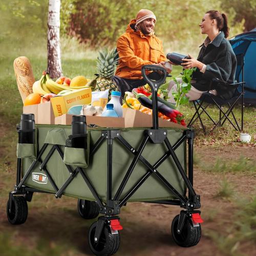 Color Green Overmont Collapsible Wagon Cart with Wheels - 180L Foldable Heavy Duty Wagon with Big All-Terrain Wheels - 330Lbs Weight Capacity with Side Pockets for Camping Sports Garden Grocery Shopping Green