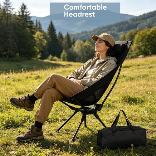 Swivel Portable Camping Chair, High Back Folding Chair with Detachable Pillow, Compact Lightweight Backpacking Chair for Outdoor, Travel, Beach, Hiking, Support 330 LBS, 1 Pack Black