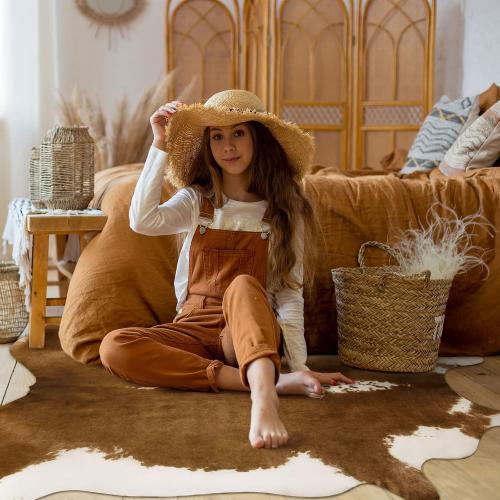 BENRON Premium Faux Cowhide Rug, Cow Print, Rustic Western Rugs for Living Room Bedroom, Irregular Animal Skin Hides, 4.6 x 5.2ft, Anti-Skid Cool Carpets for Cowboy Cowgirl Home Decor, Khaki Brown