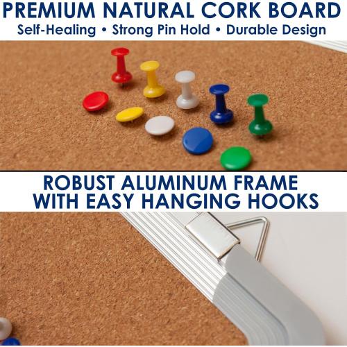 Cork Board 24x18 in, Framed Wall Hanging Bulletin Board with 10 Thumb Tacks | Thumb Tack Board, Pin Board for Wall, Corkboard Message Memo Notice Board with Hooks for Home, Office, Desk and Cubicle
