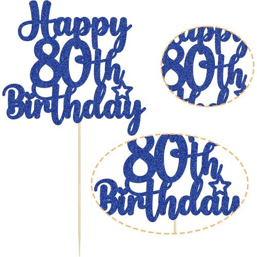 Gyufise 1Pc Happy 80th Birthday Cake Topper Glitter Cheers to 80 Years Old Birthday Cake Pick for Happy 80th Birthday Anniversary Party Cake Decorations Supplies Blue