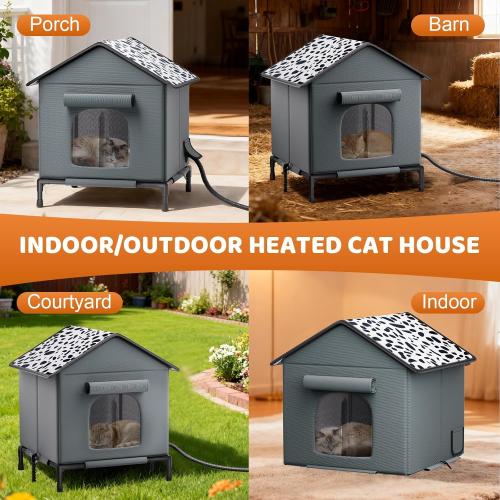 Heated Cat House for Outdoor Cats in Winter, Weatherproof Insulated Outside Cat House with Heating Pad, Warm Home for Barn Feral Stray Indoor/Outdoor Cat with Waterproof Elevated Base