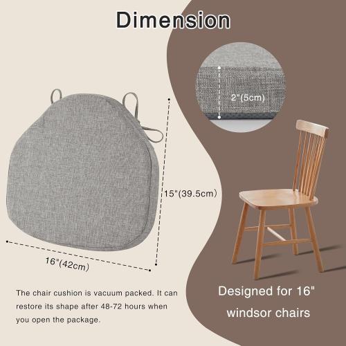 OVOV Chair Cushions for Dining Chairs Set of 6 Windsor Seat Cushion for Kitchen Room Chair Thick Textured Chair Pads with Ties and Non-Slip Bottom(16x15 Inch Light Grey)