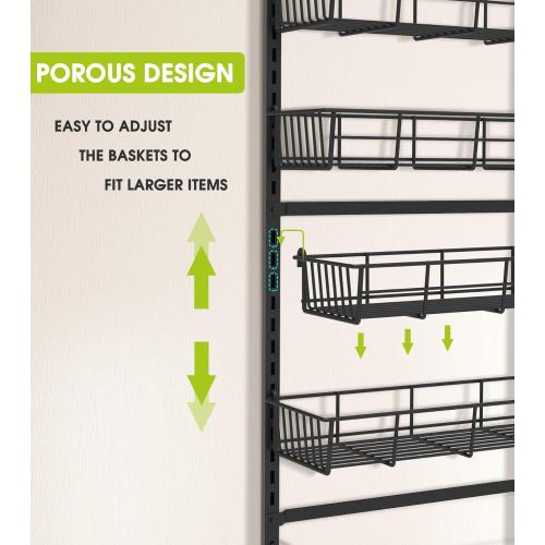 Over The Door Pantry Organizer, Pantry Storage and Organization, 6-Tier Adjustable Hanging Baskets, Metal Wall Mount Spice Rack Seasoning Shelves for Home & Kitchen, Laundry Bathroom - Black