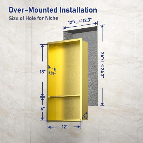 Stainless Steel Shower Niche 12 X 24 Gold with Double Shelves No Tile Needed Niche Shower for Bathroom Storage Recessed Shower Shelf Over Mount Installation
