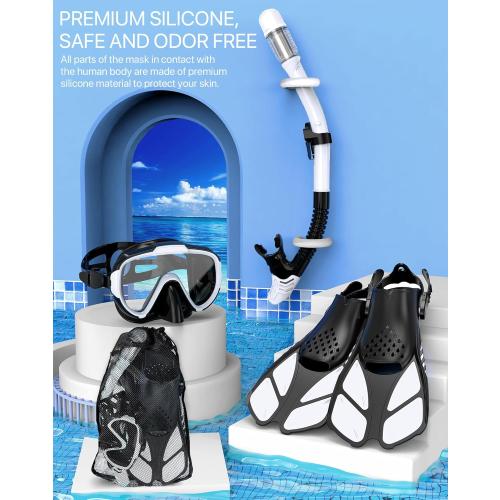 Snorkeling Gear for Adults Men Women,4 in 1 Snorkel Set with Panoramic View Diving Mask Anti-Fog Anti-Leak,Dry Top Snorkel,Fins and Travel Bag for Swimming,Snorkeling and Travel Diving