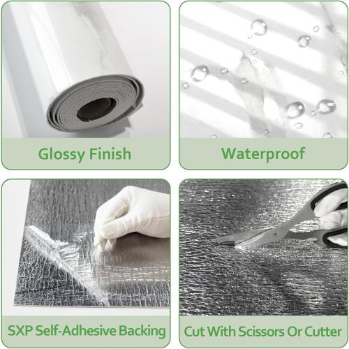 Marble Peel and Stick Waterproof Wall Paneling, Carrara White Glossy Finish Self-Adhesive Backsplash Tile Vinyl Wall Panel for Kitchen Bathroom Wall Decor,