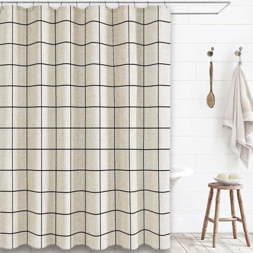 Farmhouse Plaid Shower Curtain Beige Linen Shower Curtains for Bathroom Natural Black Pattern 72 x 72 Inch