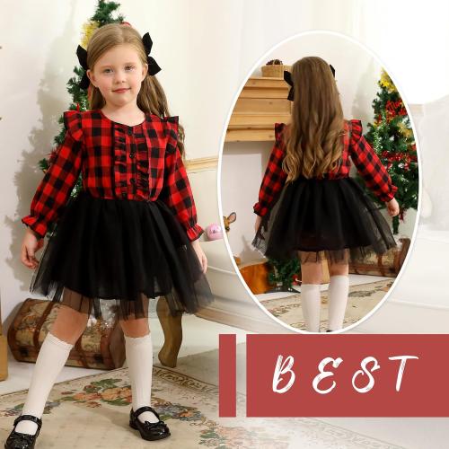 Toddler Kids Girls Clothes Christmas Dress Ruffle Red Plaid Black Mesh Skirt Outfits Overall Fall Winter 4-5Y