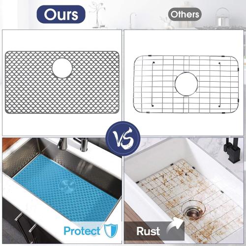 Silicone Sink Protector - 28x15 Rear Drain Hole, Heat Resistant Non-slip Dishwasher Suitable, Large Sink Mat for Farmhouse Kitchen