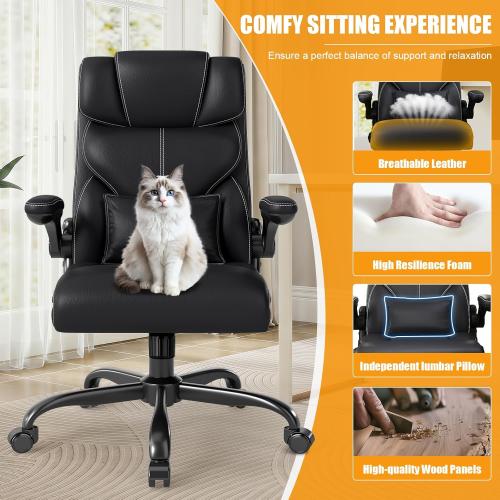 Executive Office Chair with Flip-up Armrests,Ergonomic Computer Desk Chairs,Mid-Tall Back Leather Office Chair,Lumbar Support Swivel PC Chair with Rocking Function