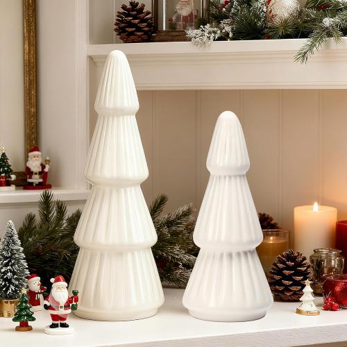 KORMMCO White Ceramic Christmas Tree Decor, Winter Decorations, Small Winter Farmhouse Christmas Tree Decor Set for Tabletop, Mantel, Tiered Tray, Vintage Xmas Decorations, Set of 2 9.6”& 7.5”