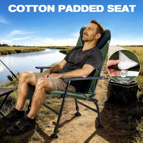 X Strike Oversized Folding Fishing Chair with Rod Holder Heavy Duty 350LBS, Feet Adjustable Padded Camping Chair with Cup Holder Side Pocket Hard Armrest