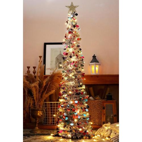 HMASYO 5 FT Pop Up Christmas Tree with Timer Lights, Silver Christmas Tinsel Tree, Collapsible Artificial Pencil Christmas Tree for Indoor Home Apartment Porch Holiday Party Decorations
