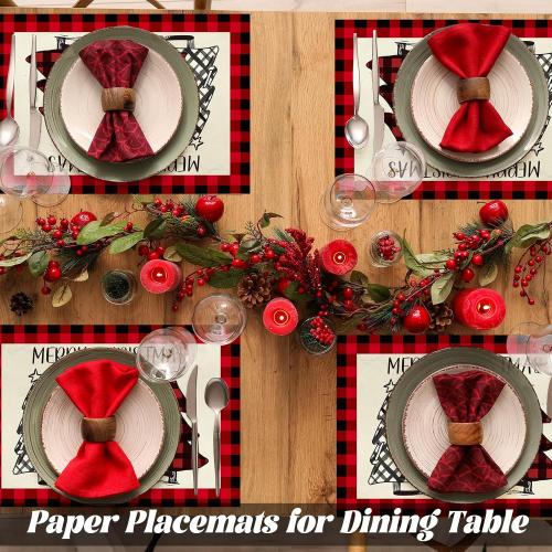 Umigy 60 Pcs Christmas Dinner Paper Placemats 10.24 x 14.57 Inch Christmas Tree Buffalo Plaid Disposable Paper Placemats Black and Red Table Mats for Xmas Dinner Kitchen Party Supplies