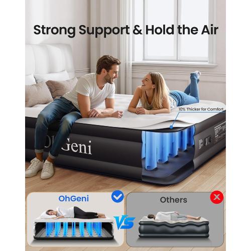 OhGeni Queen Air Mattress with Built in Pump, 18 Raised Comfort Inflatable Mattress, Quiet Surface Portable Blow Up Mattress, Air Bed for Home and Guest, Colchone Inflable, 650 lbs Max