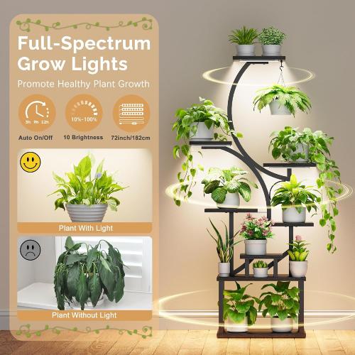 Plant Stand Indoor with Grow Lights - 62 Tall Plant Shelf, Lighted Corner Plant Stands for Indoor Growing, 8 Tiered Large Flower Holder, S-Shaped Plants Rack for Living Room, Patent Design, Black