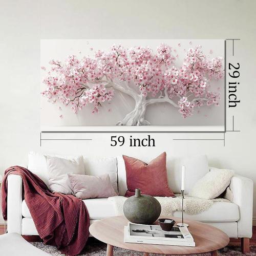 AOZEMI White Wall Art for Living Room Bedroom Home Office Pink Wall Decor Large Tree Pictures Art Flower Artwork Modern Floral Canvas 29x 59
