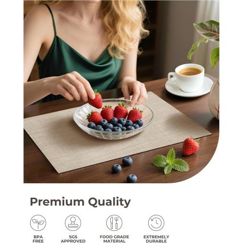 Leetaltree Beige Placemats Set of 8 - Heat Resistant Non-Slip Place mats for Dining Table, Washable Durable PVC Vinyl Woven Table Mats（Beige, 8）