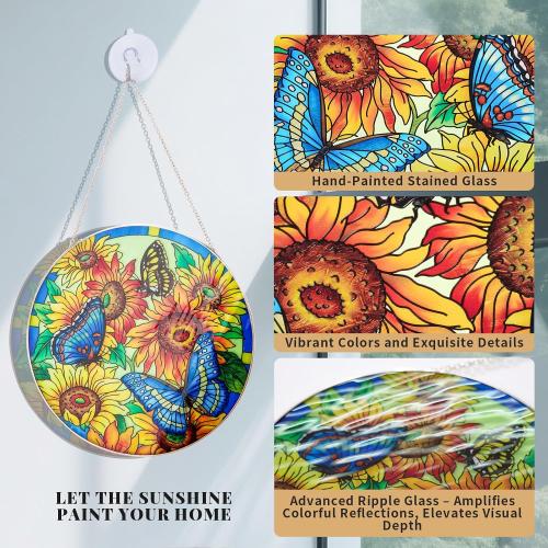 Sunflower & Butterfly Stained Glass Suncatcher, Hand-Painted Tiffany-Style 7.87” Round Window Hanging with Suction Cup & Chain, Unique Glass Art Decor Gift for Mother's Day, Birthday, Grandma