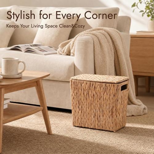 YANGQIHOME Water Hyacinth Bathroom Trash Can with Lid, Slim Rectangular Woven Waste Basket with Removable Waterproof Inner Bin, Decorative Wastebasket for Bedroom,2 Gallon,12.6’’L x 6.3’ W x 11’’H