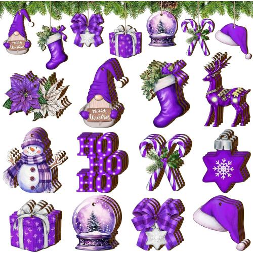 Huwena 36 Pcs Winter Wooden Ornaments Purple Winter Decorations for Tree Snowman Gnomes Flowers Truck Wood Cutouts Tags with Ropes for Xmas Tree Wreath Gifts
