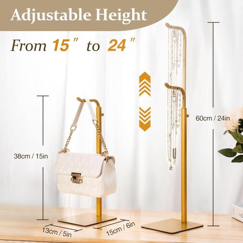 2 Pack Purse Holder Handbag Display Stand: Gold Hanger Rack for Bags, Purses, and Wreath, Adjustable Hook Stand for Tabletop, Closet, and Retail Use for Vendors