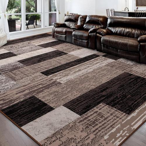 FlyDOIT Modern Geometric Patchwork Area Rug, 7x10 Chocolate Large Rugs for Living Room, Rockwood Collection Indoor Rugs for Bedroom, Throw Carpet Floor Decor for Entryway Dining Room Office Nursery