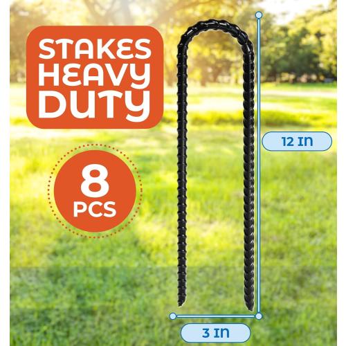 Pack of 8 Black Happin® Ultra Strong Trampoline Stakes Anchors High Wind, Ground Anchors Heavy Duty, Trampoline Tie Down Anchor Kit, Ground Stakes Galvanized Steel, Trampoline Accessories, U Shaped (8 Pack, Black)