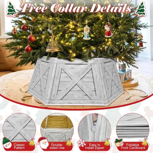 OurWarm Christmas Tree Collar Hexagon Christmas Tree Ring, 28 Fabric Collapsible Trees Skirt, Rustic Double-Sided Christmas Trees Box Base for Home Festive Xmas Decorations
