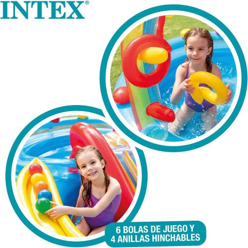 Intex 57453EP 9.75 Foot x 6.3 Foot x 53 Inch Multicolor Rainbow Slide Kids Inflatable Pool with Water Slide and Ring Toss for Children Ages 2 and Up