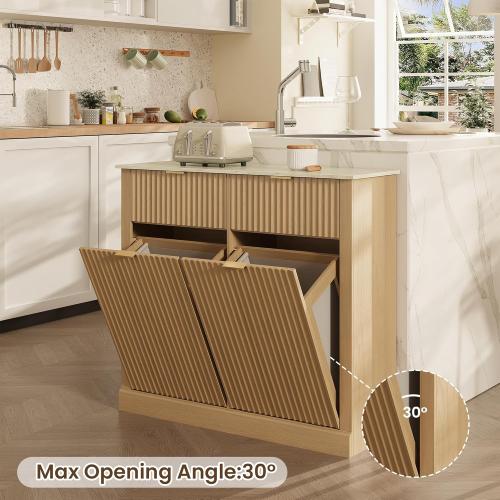 Double Tilt Out Trash Can Cabinet,20 Gallon Fluted Laundry Hamper Cabinet with 2 Drawers,Freestanding Wooden Hidden Garbage Can Cabinets with 2 Laundry Storage Basket for Kitchen,Living Room,Natural