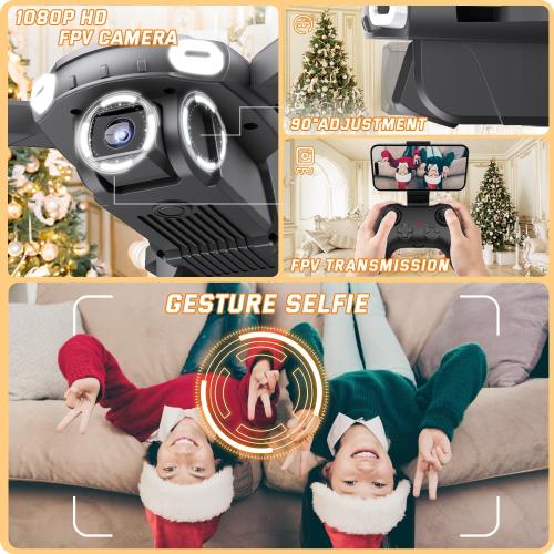 Foldable Drone with Camera for Kids Beginners - Remote Control Helicopter Toys Gifts for Boys Girls, 1080P HD FPV RC Drones with 2 Batteries, One Key Start/Land, Altitude Hold, Gesture Selfie, Black