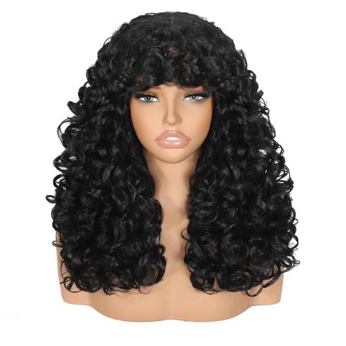 Curly Afro Wig for Black Women Curly Wigs with Bangs 18 Inch Long Curly Afro Synthetic Wig for Cosplay and Daily(Black)