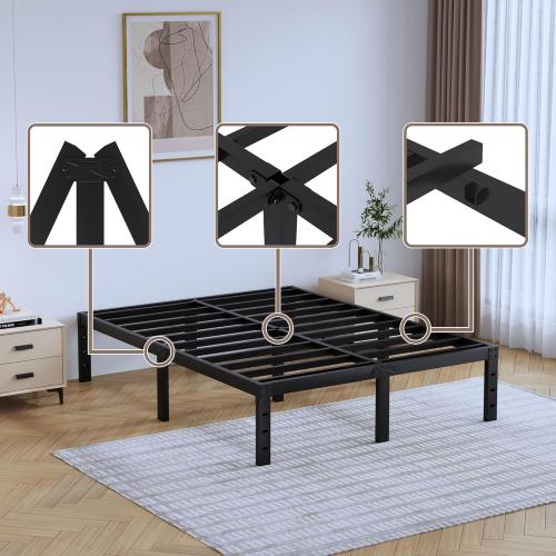 Full Metal Bed Frame - 14 Inch Tall Heavy Duty Bedframe Black Basic Steel Slats Platform No Box Spring Needed/Easy Assembly/Noise Free