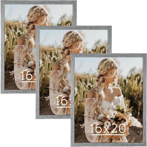 BROWN WOODEN COLORED HLiWEGNS Light Gray 16x20 Frame Set of 3 - Rustic Woodgrain 16 x 20 Poster Frame with Plexiglass for Wall Gallery Display, 16x20 Picture Frame for Puzzles, Artwork, Photos and Posters - Ideal Christmas Day