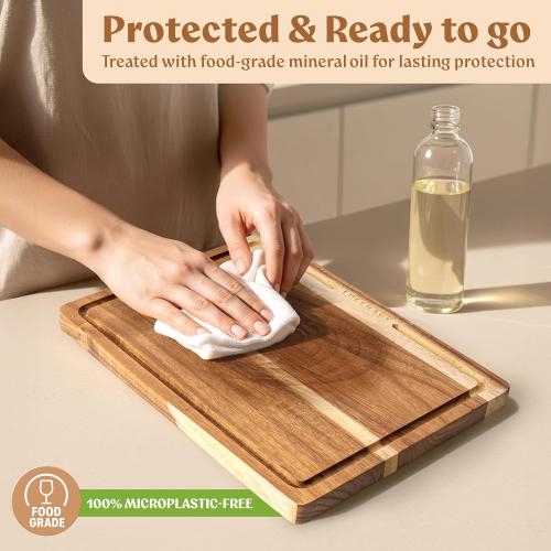 Acacia Wood Cutting Board for Kitchen, Non-Toxic Cutting Board Set of 3, Chopping Boards with Deep Juice Groove for Meat, Cheese & Vegetables - Durable & Double sided with serving Compartments
