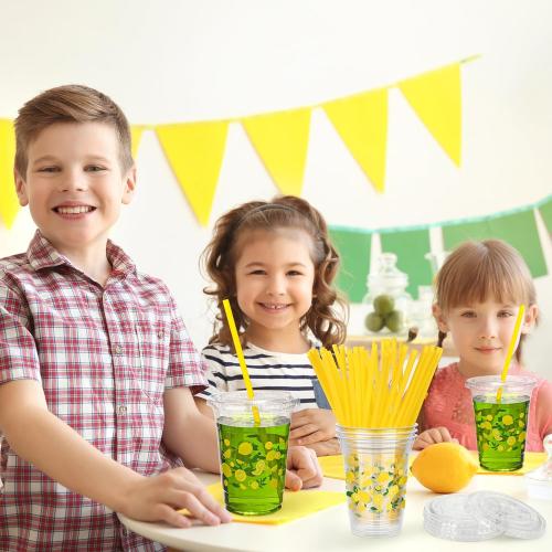300 Pieces Lemon Plastic Disposable Cups with Lids and Straws 16 Ounce Lemon Hawaiian Luau Party Plastic Cups Clear Summer Tropical Party Cups Fruit Cold Cups for Lemonade Juice Water
