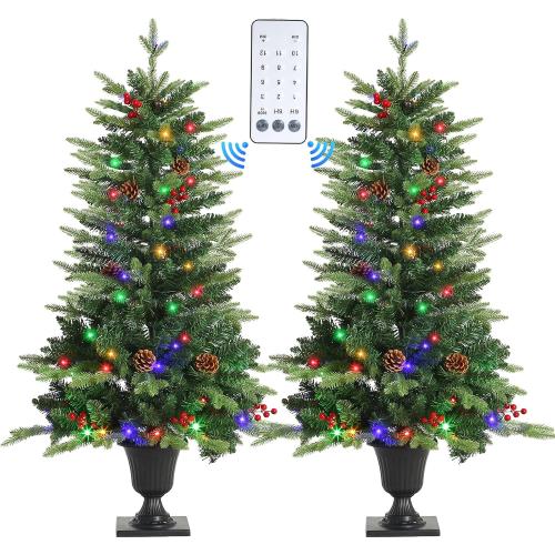 JOYHALO 2Pcs Set 4FT Outdoor Christmas Trees for Porch with 60 Remote Controlled Warm White and Multicolor LED Lights, Pre-lit Potted Christmas Tree with PVC&PE Branches
