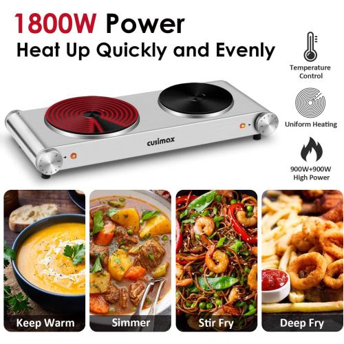 CUSIMAX Hot Plate, Electric Double Burner, 1800W Cast Iron Countertop Cooktop, Portable for Cooking, Compatible for All Cookwares, Easy Clean, Upgraded Version