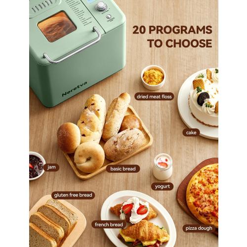 Neretva Bread Maker, 20-in-1 2LB Bread Machine Dual Heater & Nonstick Ceramic Pan Bread Makers Machine All Metal Compact for Gluten Free/Dough Maker/Meat Floss/Jam/Yogurt/Breadmaker Recipe-Light Green