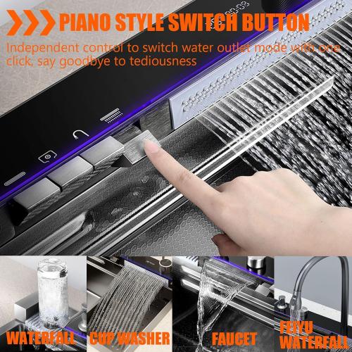 Stainless Steel Flying rain Waterfall Gray-black Drop in Kitchen Sink Workstation Kitchen Sink with Multifunctional Faucet