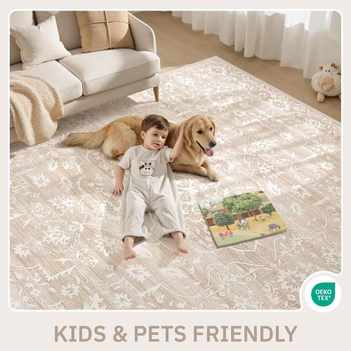Size 8x10 Color White Area Rugs for Living Room, Stain Resistant Washable Rugs for Dining Room, Kitchen, Floral Vintage Non-Slip Thin Large Beige Rug
