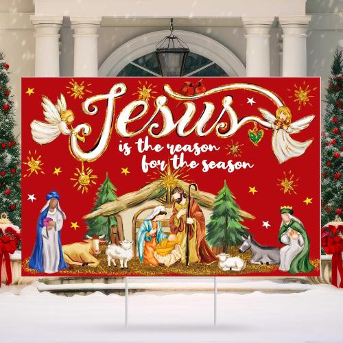 Pickmesh 24 x 16 Inch Jesus Is the Reason for the Season Sign with H Stake Christmas Holy Nativity Yard Sign Outdoor Decorations Religious Lawn Decor for Xmas Holiday Church Party Decoration(Classic)