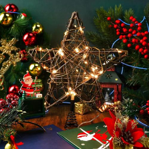 Christmas Star Tree Toppers Rattan Natural Xmas Tree Topper Lighted with 10 Inch 50led Warm White Lights, Rustic Star Treetop for Christmas Ornament Indoor Party Decoration