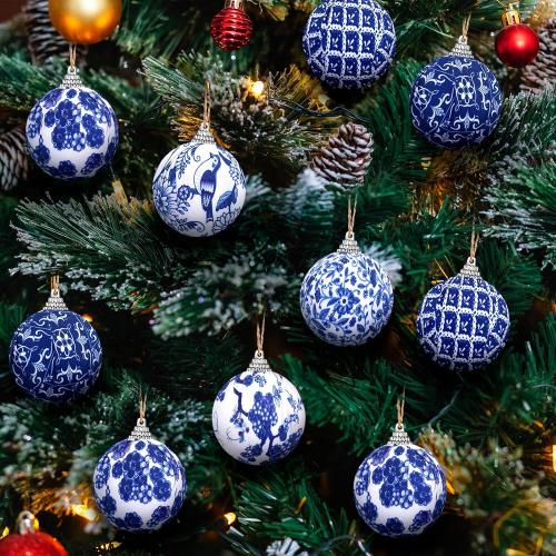 Preboun 12 Pcs Christmas Chinoiserie Ball Ornaments Blue and White Chinoiserie Tree Decoration Christmas Tree Hanging Ornaments Fabric Wrapped Home Xmas Decor for Modern Party (Blue,2.76 Inch)