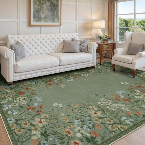 Wonnitar Washable 8x10 Living Room Area Rug, Large Green Floral Rugs for Bedroom, Non-Slip Soft Botanical Area Rug Throw Carpet for Dining Guest Room Playroom (Green,8'x10')