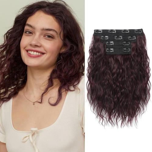 REECHO 4PCS Clip in Hair Extensions - 12 Short Curly Wavy Brown Invisible Lace Weft Natural Soft Hairpieces for Women - Burgundy