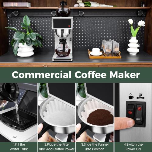 12-Cup Pourover Commercial Coffee Maker Brewer with Glass Carafe and Warmers- 120V
