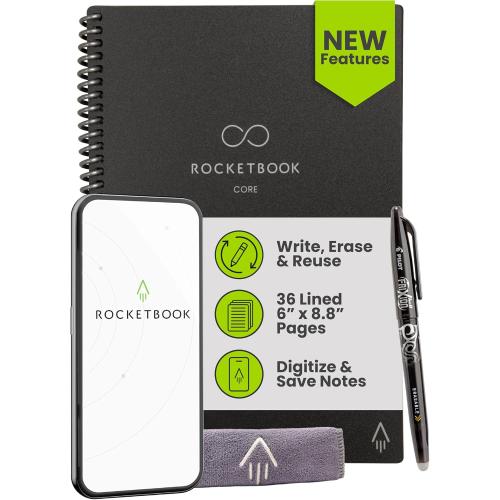 Rocketbook New Core Reusable Spiral Notebook, Executive Size 6x8.8, Black - Lined Pages, App-Connected, Erasable, Durable Cover, Ideal for School, Work, and Creative Projects